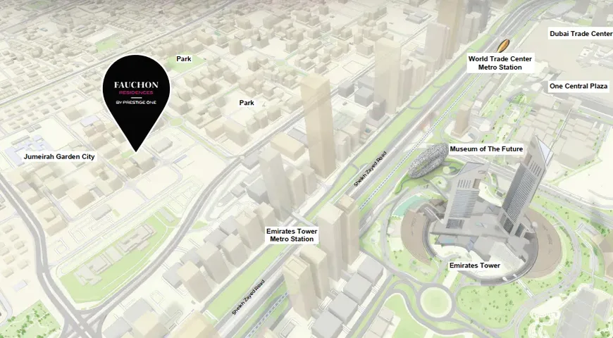 Map showing FAUCHON Residences in Jumeirah Garden City relative to Downtown Dubai and DIFC