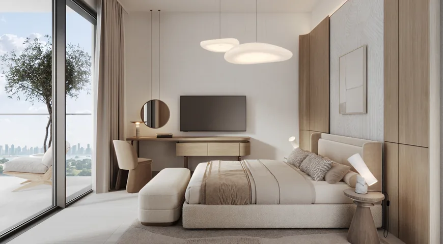 Master bedroom in a three bedroom residence at Sanctuary, opening to a planted terrace