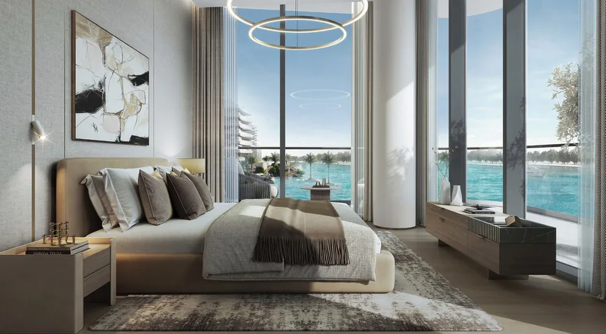 Bedroom in an apartment at Sobha City, glazed on two sides above the water