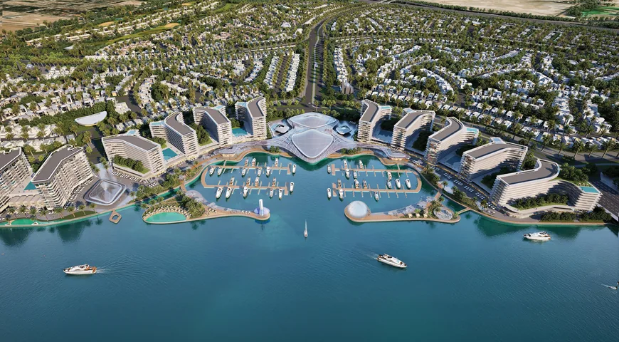 Aerial view of the Sobha City master plan in Al Bahiya, Abu Dhabi, with its marina, canals and low-rise waterfront residences