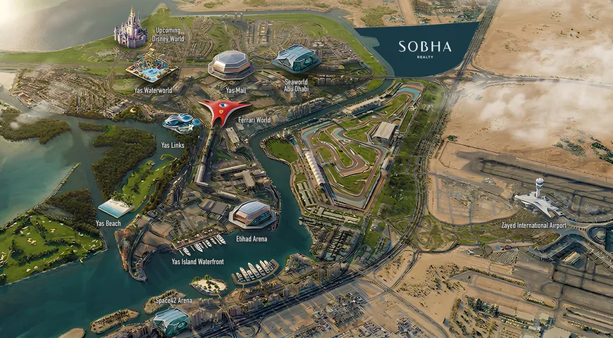 Master plan map showing Sobha City in Al Bahiya relative to Yas Island, Etihad Arena and Zayed International Airport